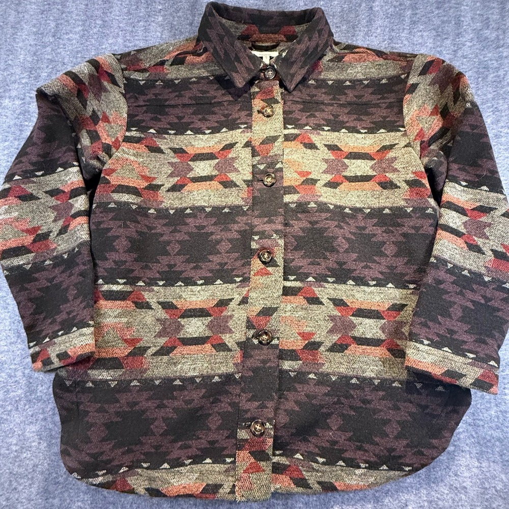 Maurices Womens Jacket Large Tribal Aztec Burgundy Southwest Button Up